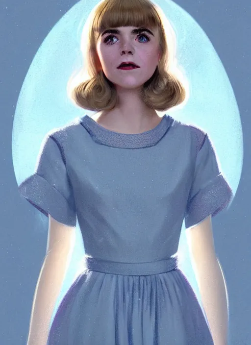 Image similar to portrait of kiernan shipka with freckles, white hair, big 1 9 6 0 s bob hairstyle with bangs and hairband, blue 1 9 6 0 s dress, intricate, elegant, glowing lights, highly detailed, digital painting, artstation, concept art, smooth, sharp focus, illustration, art by wlop, mars ravelo and greg rutkowski