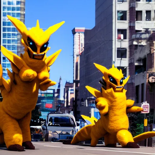 Prompt: photo of an enormous full sized needle - felted mecha king ghidorah crossing a busy street golden hour