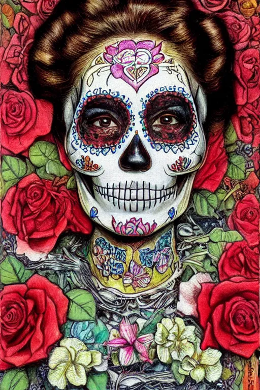Prompt: Illustration of a sugar skull day of the dead girl, art by william holman hunt