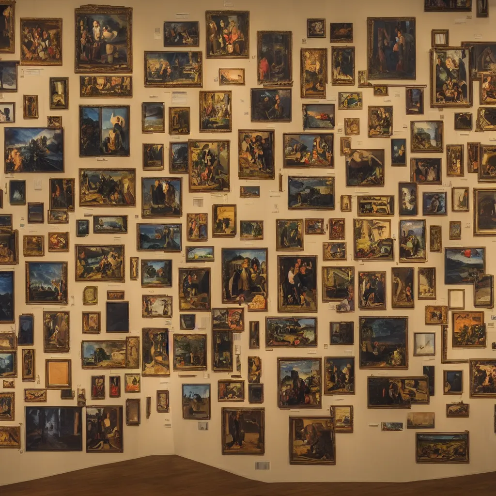 Prompt: a wall at an exhibition that has six of the world's most famous paintings