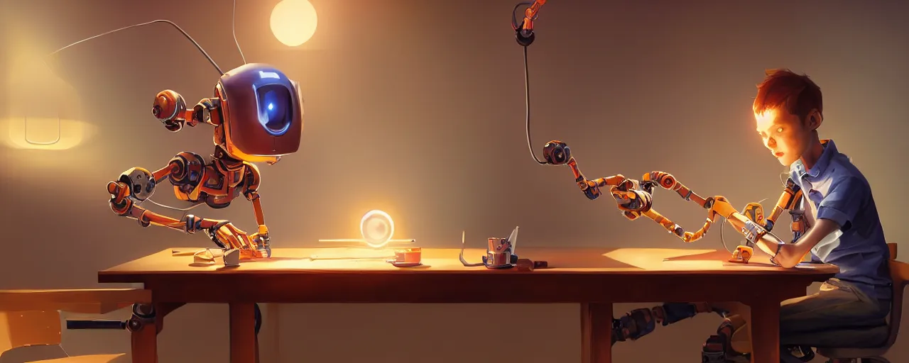 Image similar to excited young programmer, robot details on table, digital art, art - station octane render high detailed hd by jesper ejsing, by rhads, ilya kuvshinov, global illumination.