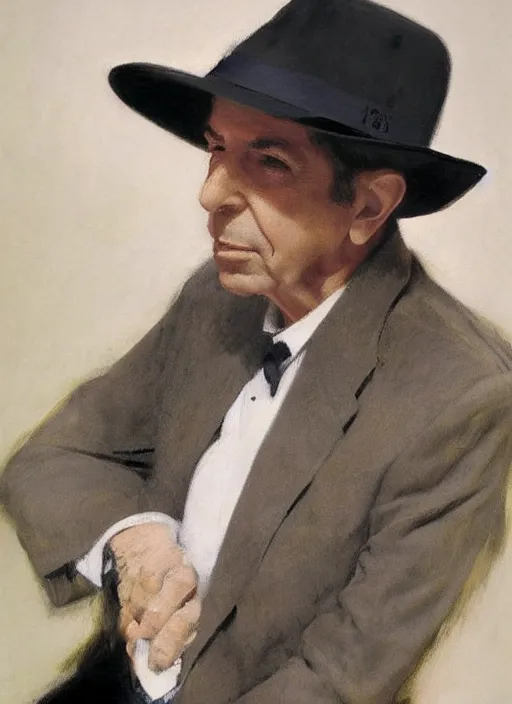 Image similar to Leonard Cohen, wearing a trilby hat, portrait by John Singer Sargent, by Frank McCarthy, by Robert McGinnis