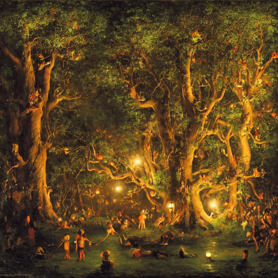 Prompt: a night carnival around a magical tree cavity, with a surreal orange moonlight and fireworks in the background, next to a lake with iridiscent water, christmas lights, folklore animals and people disguised as fantastic creatures in a magical forest by summer night, masterpiece painted by gustave courbet, mark keathley, greg rutkowski and annie leibowitz, dark night environment
