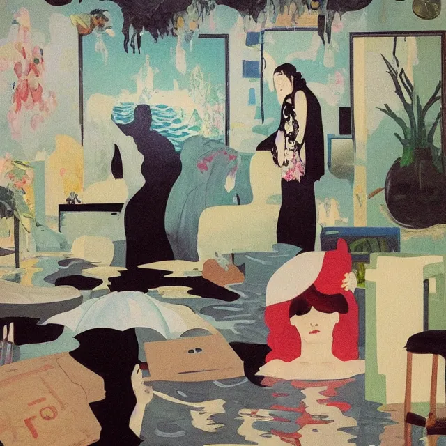 Image similar to tall female emo artists in their flooded apartment, painting of flood waters inside an artist's home, a river flooding indoors, pomegranates, pigs, ikebana, zen, water, octopus, river, rapids, waterfall, black swans, canoe, berries, acrylic on canvas, surrealist, by magritte and monet