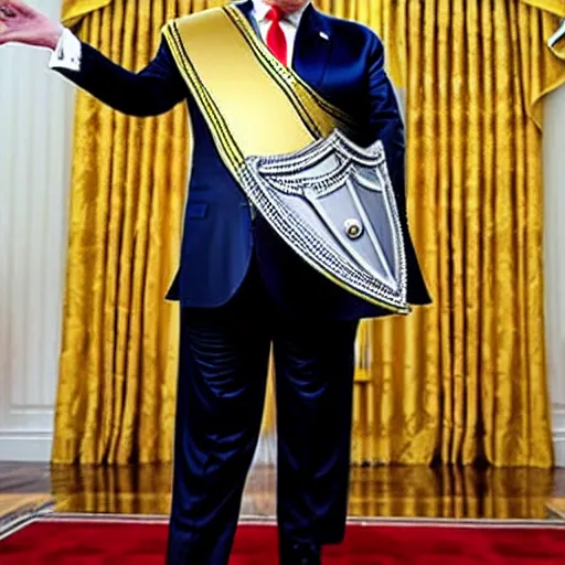 Image similar to full - body - front - shot!!!!!!!, donald trump wearing knight'armor, crown, detailed face!!!!!! of donald trump