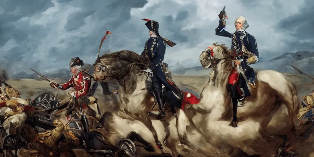 Image similar to George Washington rides a motorcycle to attack the British army in the revolutionary war, epic, cinematic, concept Art, detailed, 4K