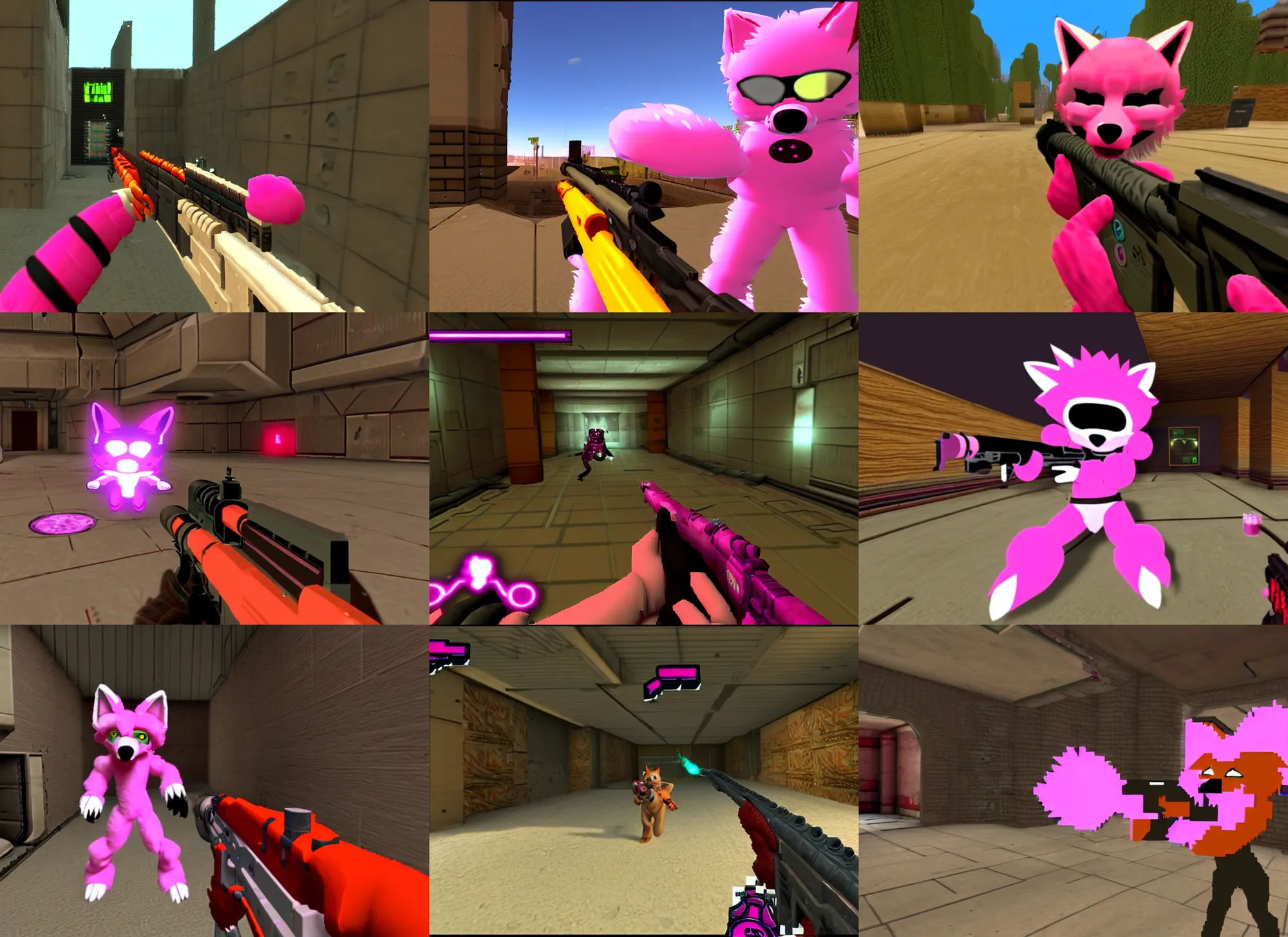 Prompt: pink fox furry fursuit in a screenshot of the video game doom, pump shotgun pov, the furry fursuit is running
