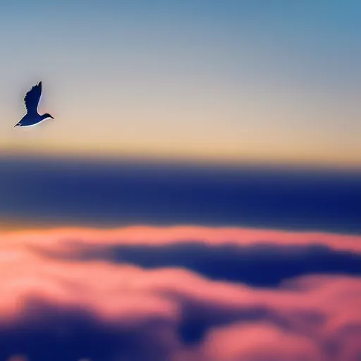 Image similar to Realistic POV shot of a dove flying over the clouds at sunset, ethereal, vintage photograph, film grain, surreal, awe-inspiring