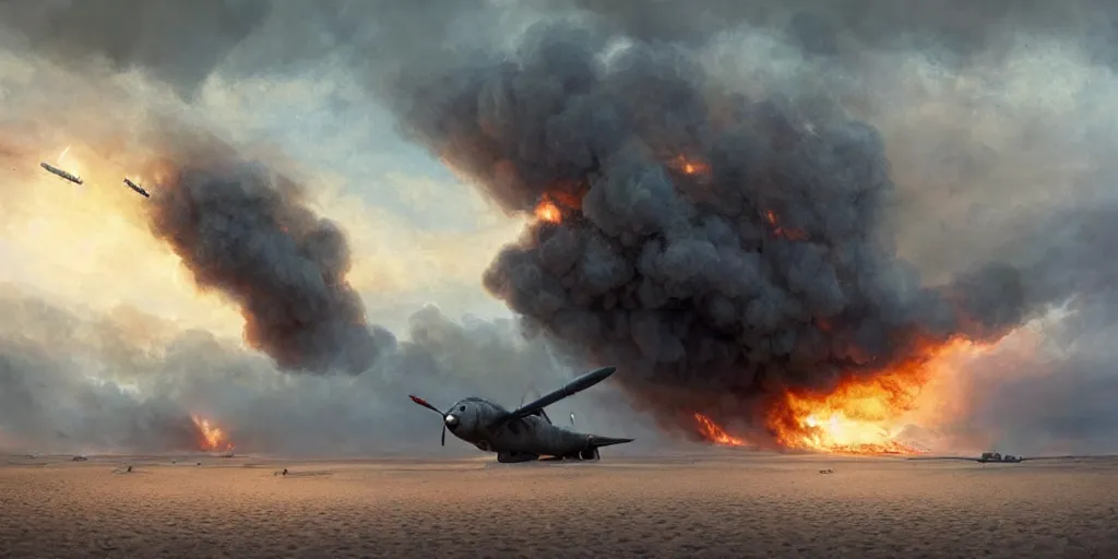 Prompt: normandy!!!!!, fire, ( ( painting ) ) by jessica rossier and ivan shishkin, d - day, airplanes bombing the beach, ultra realistic!!!, 1 9 4 5, ray tracing, destroyed tanks, chaos!!!, the landings, smoke, soldiers charging in, cinematic, wide shot, sunset, sadness, highly detailed