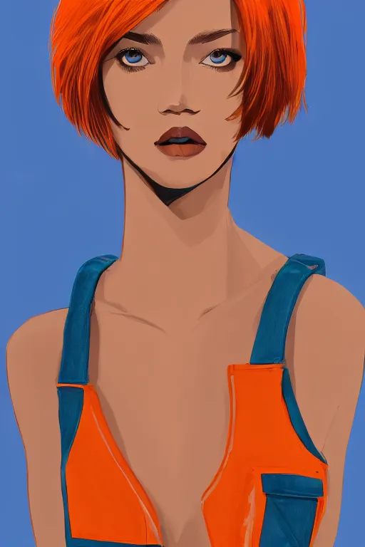 Image similar to a award winning half body portrait of a beautiful caucasian woman in a croptop and cargo pants with ombre orange blue teal hairstyle with head in motion and hair flying by will eisner, outrun, vaporware, digital art, trending on artstation, highly detailed, fine detail, intricate