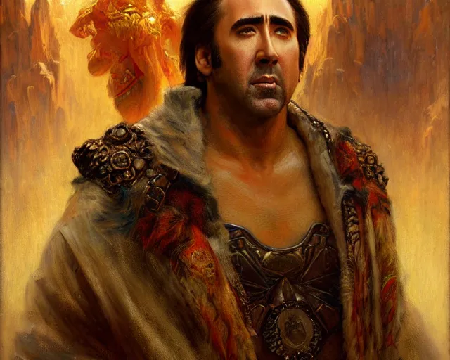 Prompt: attractive nicolas cage as a god. highly detailed painting by gaston bussiere, craig mullins, j. c. leyendecker 8 k