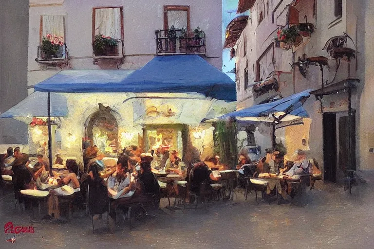 Image similar to “ italian street restaurant on the boulevard, simon pasini ”