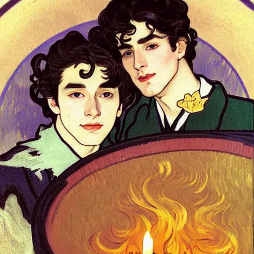 Image similar to painting of young cute handsome beautiful dark medium wavy hair man in his 2 0 s named shadow taehyung and cute handsome beautiful min - jun together at the halloween! party, bubbling cauldron!, candles!, smoke, autumn! colors, elegant, wearing suits!, delicate facial features, art by alphonse mucha, vincent van gogh, egon schiele