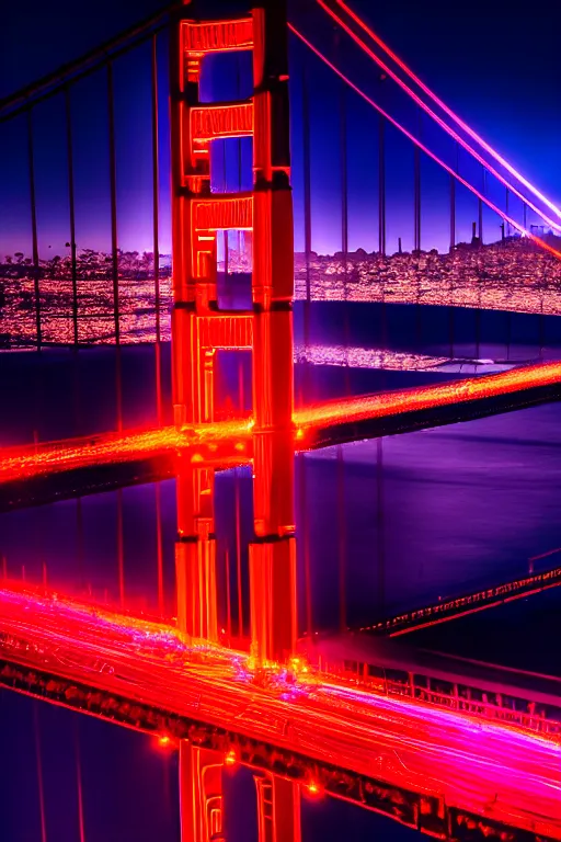 Image similar to neon streets of san francisco golden gate bridge, 4 k, award winning photo, cyberpunk style