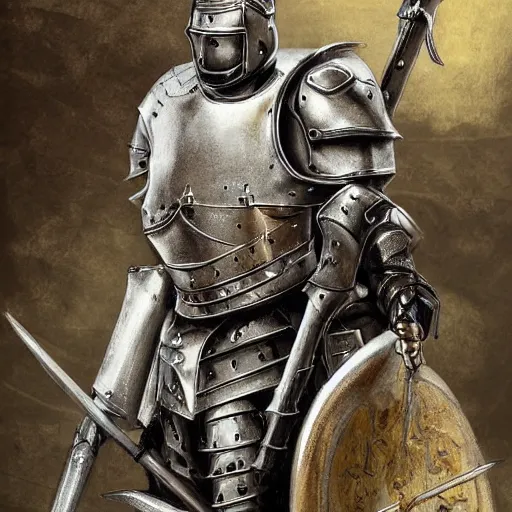 Image similar to conzept art, 45 years old men, strict, militaristic, medieval heavy armor, no helmet, spear, high detail, digital art, medieval fantasy, realistic