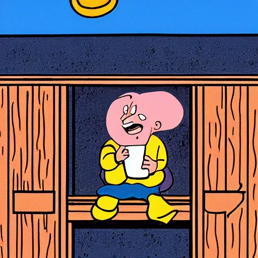 Prompt: Photo of Muumi cartoon, sitting in the sauna, drinking a beer, 90s cartoon style,