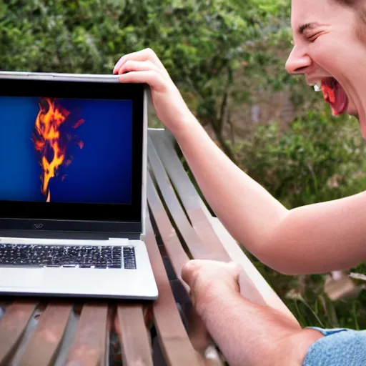 Prompt: person laughing burning a laptop, stock image