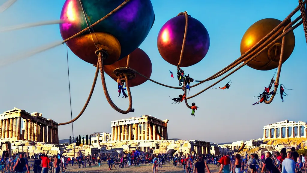 Prompt: large colorful futuristic space age metallic steampunk steam - powered balloons with pipework and electrical wiring around the outside, and people on rope swings underneath, flying high over the beautiful ancient athens acropolis landscape, professional photography, 8 0 mm telephoto lens, realistic, detailed, photorealistic, photojournalism
