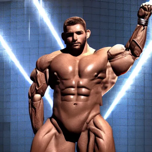 Prompt: a realistic detailed photo of a bodybuilder who is also a male android Chris Redfield, shiny skin, posing robotically, blank stare