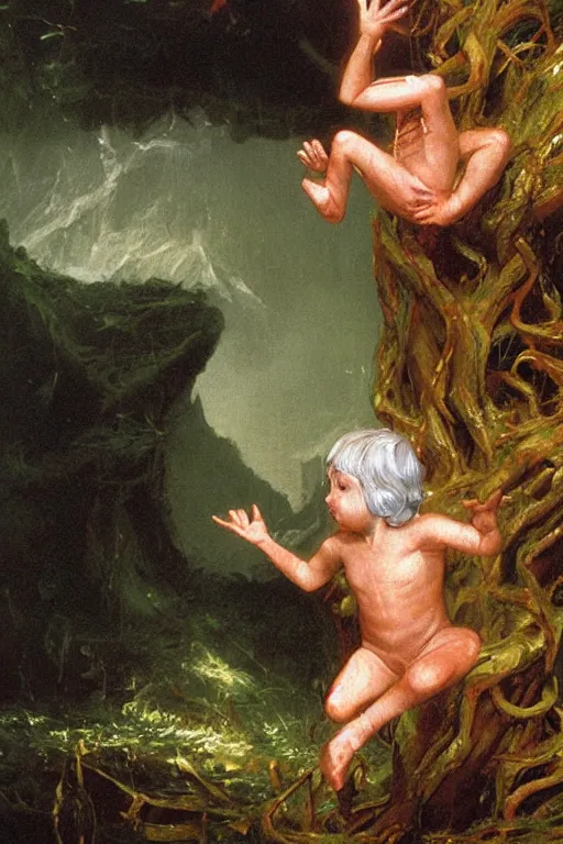 Image similar to a cute and mischievous kender , realistic oil painting by Thomas Cole and Wayne Barlowe