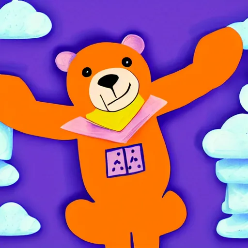 Image similar to cartoon animated bear wearing clothes being launched out of a futuristic machine into a purple and orange cloud land