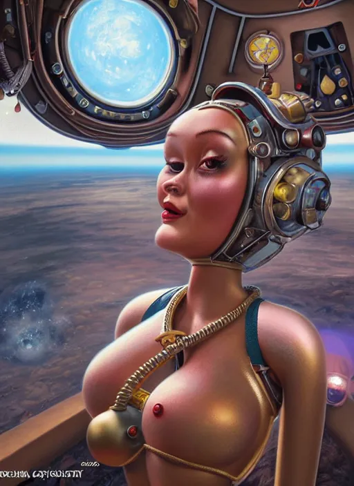 Image similar to highly detailed closeup, portrait of a tin toy bikini spacegirl in a spaceship on mars, unreal engine, nicoletta ceccoli, mark ryden, earl norem, lostfish, global illumination, detailed and intricate environment
