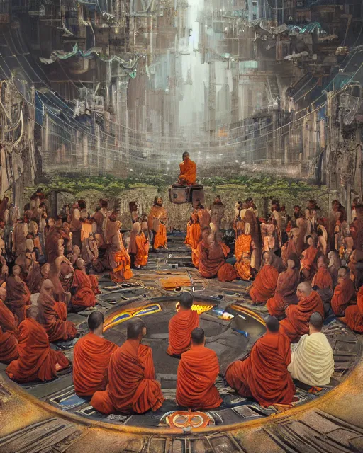 Image similar to a painting of cyborg buddhist monks sitting in circle praying to a big intricate machine, matte painting, highly detailed, sci-fi, cyberpunk art