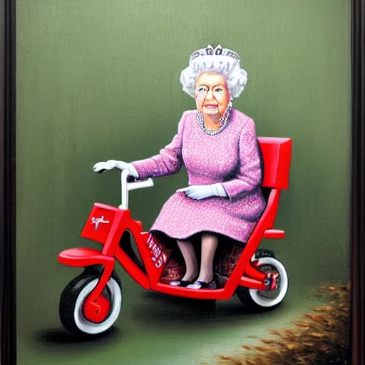 Image similar to Queen Elizabeth II on a tricycle, lowbrow painting by Mark Ryden