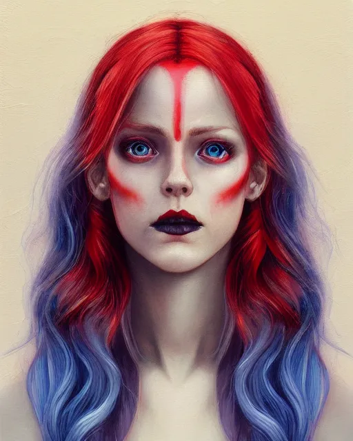 Image similar to A detailed matte oil on canvas head on symmetrical portrait of a distinguished elven woman with red and blue hair on an empty background, by Charlie bowater, Wlop, trending on artstationhd, dungeons and dragons art, parted hair , half blue, half red , split dye, critical role