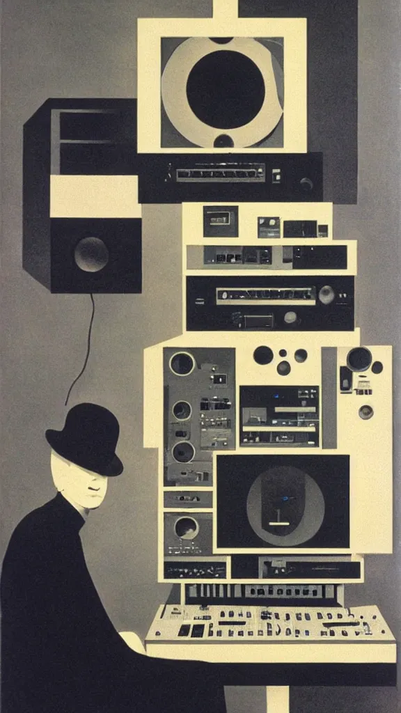 Image similar to an electronic music studio by Rene Magritte