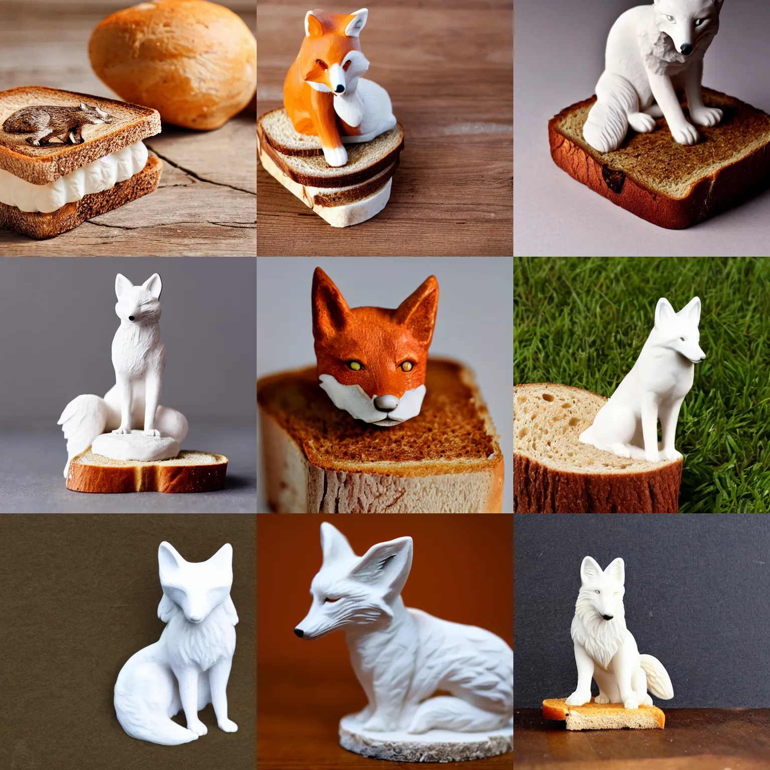 Prompt: A white statuette of a fox on a piece of bread. solid Background.