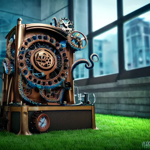 Prompt: steampunk octopus machine with tentacles on a grass field, televisions in the middle of the machine, highly detailed, hyperreal, octane 8 k render