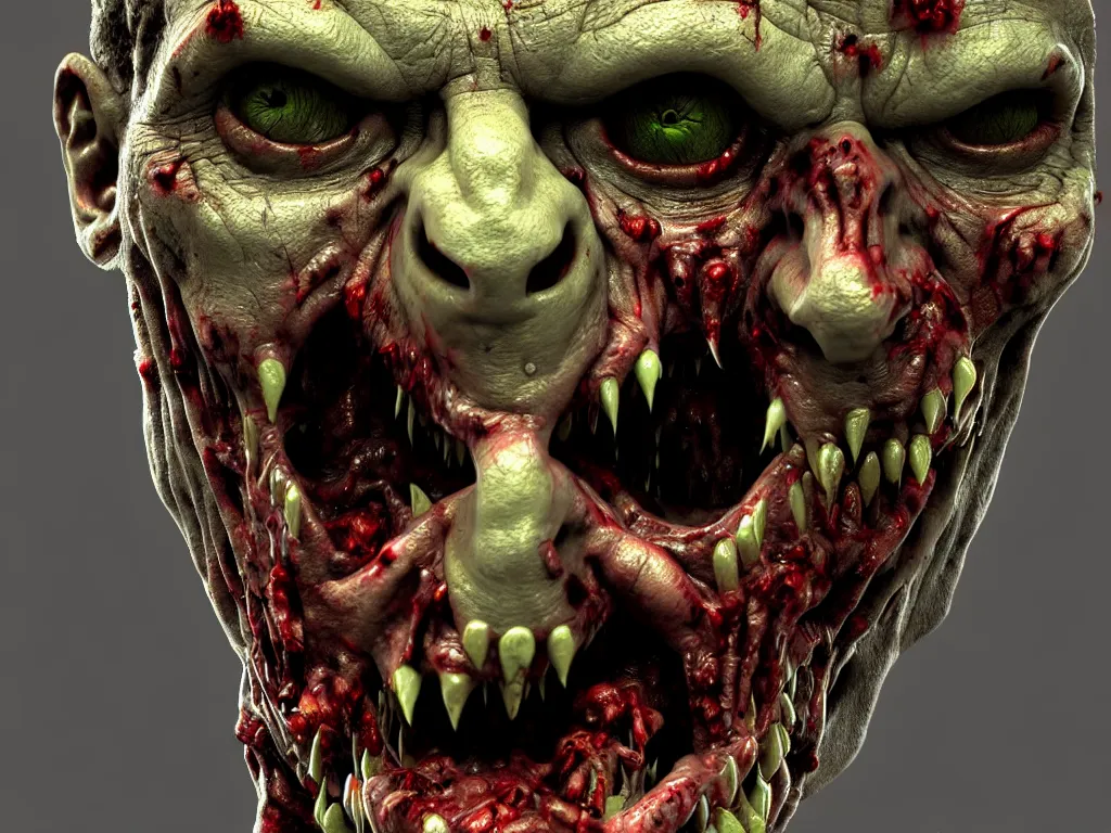 Prompt: zombie close up, grotesque, ugly, moody, 3 d, 3 d render, realistic, hdr, stan winston studios, dramatic lighting, cinematic lighting, studio quality, perfect image