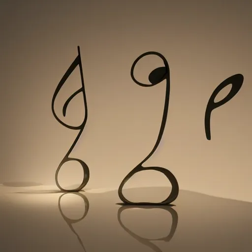 Image similar to a sculpture of music notation, three quater notes, art installation, made of polished broze, cinematic light, 8 k, octane render, reflections,