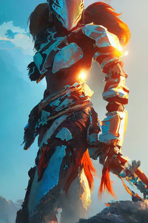 Image similar to combination suit armor aloy horizon forbidden west horizon zero dawn radiating a glowing aura global illumination ray tracing hdr fanart arstation by ian pesty and alena aenami artworks in 4 k tribal robot ninja mask helmet backpack