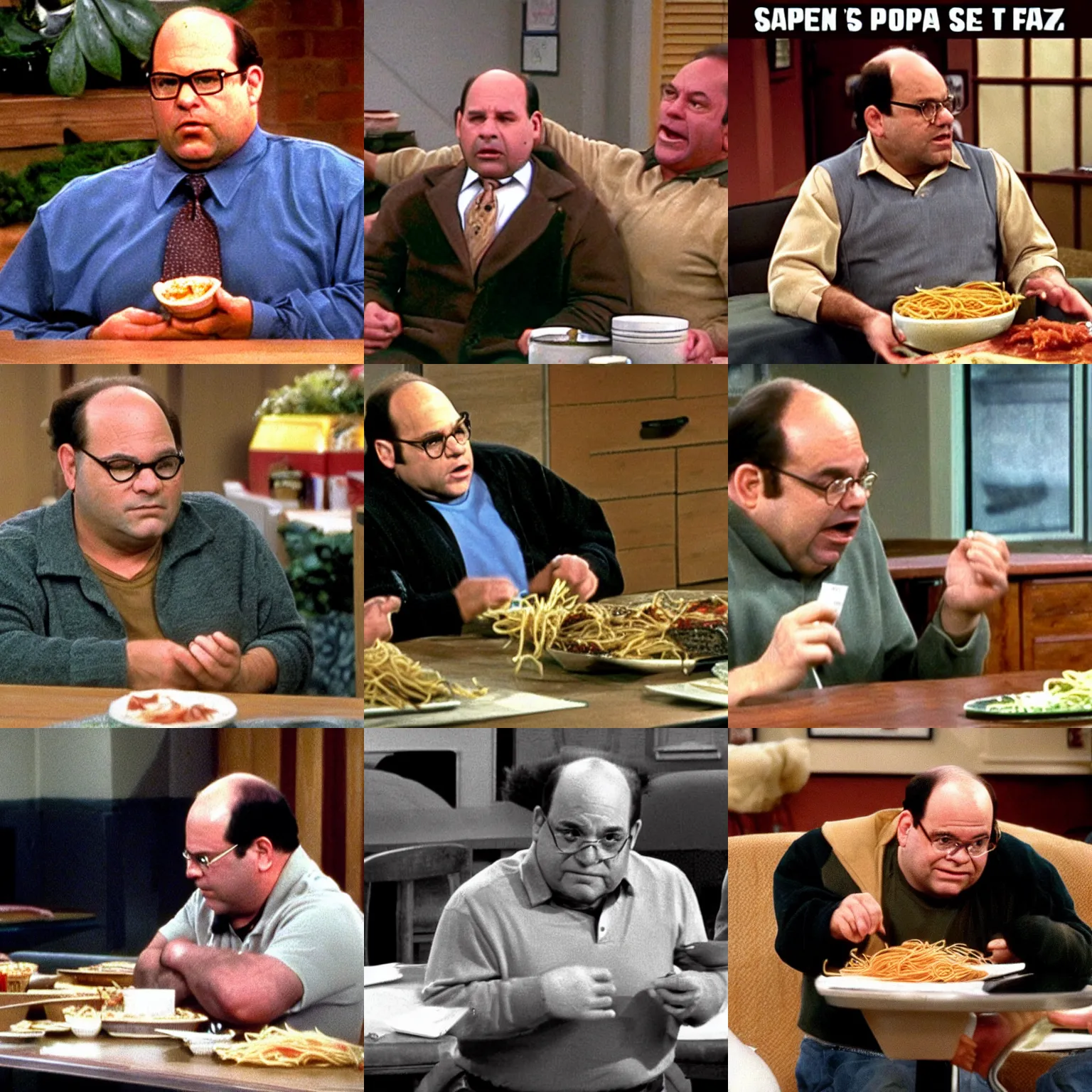 Prompt: George Costanza, upset instead of spaghetti he was served a pack of wolves.