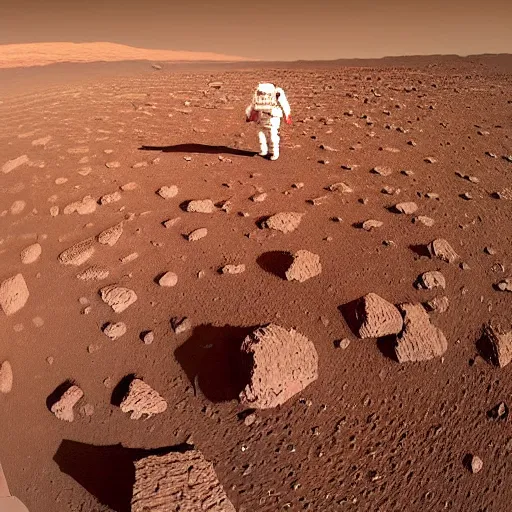 Prompt: the first image of human walking on mars