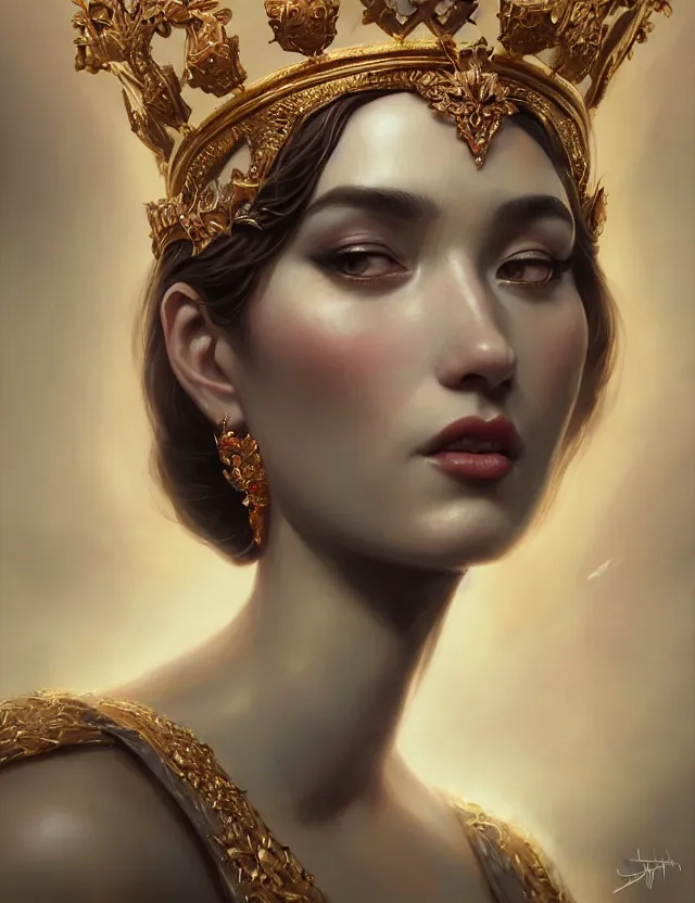 Image similar to blurred background. close-up portrait of a goddess in crown, by Artgerm and Afarin Sajedi and greg rutkowski. octane render. photorealism.