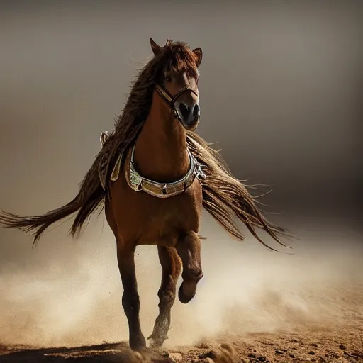 Image similar to ultra - photorealistic, middle eastern woman driving horse and handling weapon, dust, yellow cinematic, 4 k, 8 0 0 mm, uhd, vogue, winning photo of the year, sharp focus, intricate, hyperdetailed