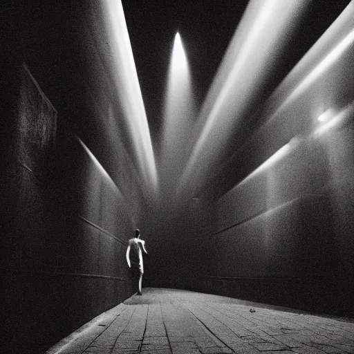 Image similar to an abstract photograph of a lonely male shadowy figure, underwater, there are street lanterns, motion blur, 35 mm, black-and-white