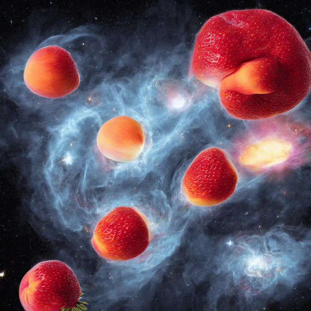 Image similar to a peach-like neutron star is bursting and throwing strawberry to all around