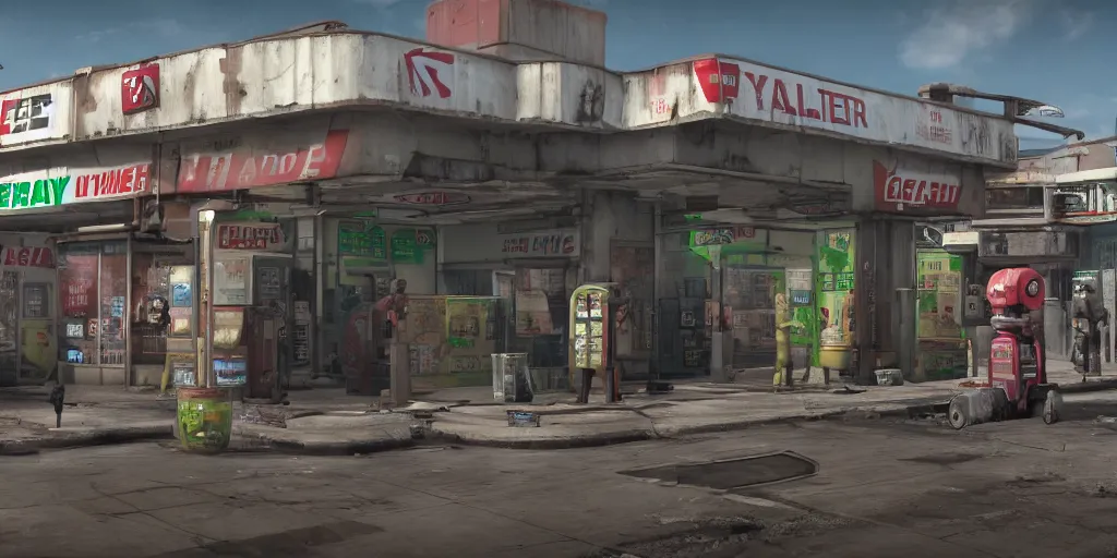 Image similar to Fallout-style robotic buying gaterade at 7Eleven | Trending on ArtStation, Fallout | Hyperrealistic CGI Photorealistic Cyberpunk Post Nuclear City