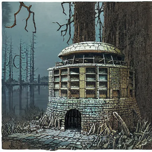 Image similar to pillbox paragonpunk fortress half-sunk in a radioactive Swamp, by Colleen Doran and by Angus McBride and by Ted Nasmith, low angle dimetric rendering, centered, 1-point perspective