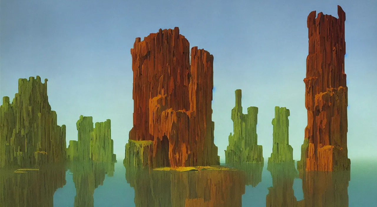 Prompt: single flooded simple wooden tower, very coherent and colorful high contrast!! masterpiece by roger dean, minimalist, dark shadows, sunny day, hard lighting