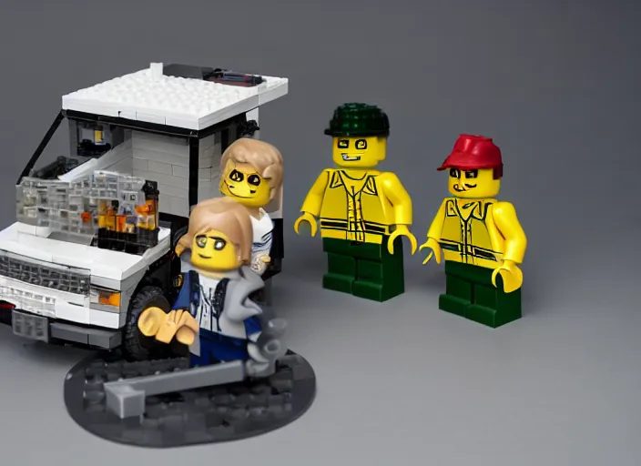 Image similar to product photo still of walter white and jesse pinkman breaking bad winnebago lego playset, 8 k, 1 2 0 mm macro, f 1. 8, studio lighting, key light