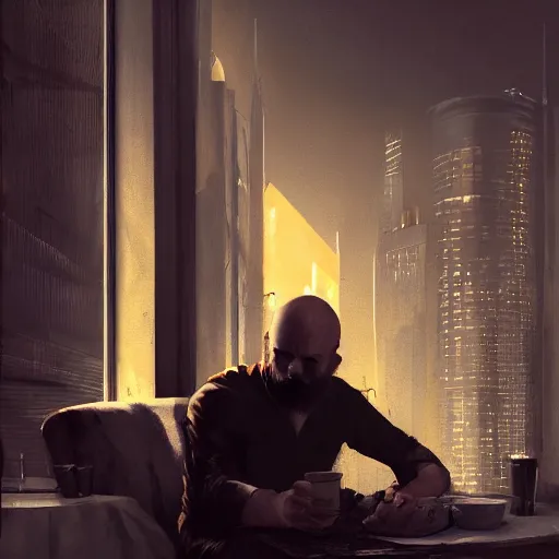 Image similar to painting of an undercover cup, concept art, bald, beard, max payne, call of duty, sin city, golden hour, city environment, dramatic lighting, digital art, 8 k, extremely detailed, drawn by ruan jia
