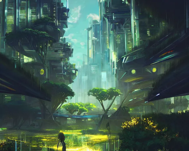 Image similar to scenery artwork, scene beautiful, light!! light essential futuristic city world and nature vegetation with daylight, surrealism oil on canvas, artstation!! pixiv!! dream scenery, quality astral projection render, nier automata concept art, vaporwave textures