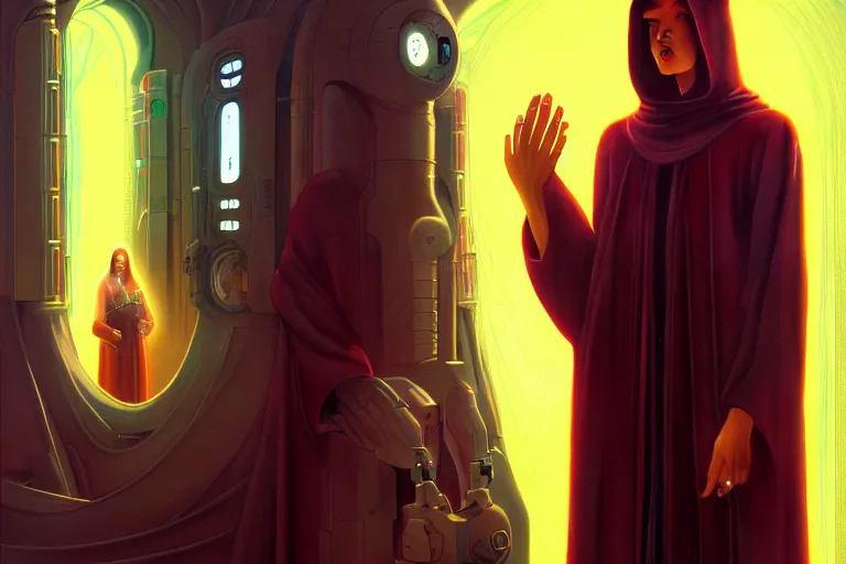 Image similar to patron saint 👩🏾 praying with machine, futuristic long robes clothing, worm hole, neon god of city character portrait, in the style of moebius, wlop, tom bagshaw, and waterhouse, cinematic lighting, beautiful, elegant, oil painting,