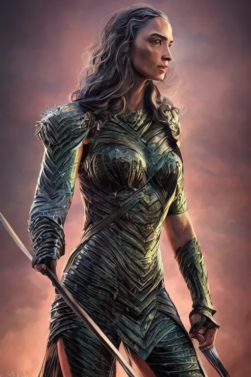 Prompt: A fantasy comic book style portrait painting of, hybrid of Emily Blunt, Gal Gadot, as an Atlantean, Reptilian Warrior, Mystical Valkyrie, Armor, Sword, Archer Bow, Spear, Sheild, François Boucher, Oil Painting, unreal 5, DAZ, hyperrealistic, octane render, Regal, Refined, Coherent, Detailed Digital Art, RPG portrait, Michael Cheval, William-Adolphe Bouguereau, Walt Disney (1937), Steampunk, dynamic lighting, Highly Detailed, Cinematic Lighting, Unreal Engine, 8k, HD