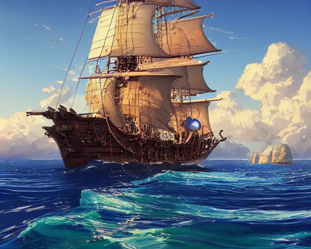 Image similar to a pirate ship on the blue seas, clear, sunny day, beautiful, ripples, waves, reflections on the water, no land, sea, blue sea, anime, wide shot. By Makoto Shinkai, Stanley Artgerm Lau, WLOP, Rossdraws, James Jean, Andrei Riabovitchev, Marc Simonetti, krenz cushart, Sakimichan, D&D trending on ArtStation, digital art.